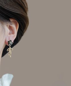 High-End Camellia Flower Stud Earrings with Golden Bow Tassel Drops, Slim Elegant Design, Fairy-Inspired Fashion Jewelry