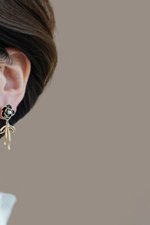 High-End Camellia Flower Stud Earrings with Golden Bow Tassel Drops, Slim Elegant Design, Fairy-Inspired Fashion Jewelry