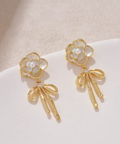 High-End Camellia Flower Stud Earrings with Golden Bow Tassel Drops, Slim Elegant Design, Fairy-Inspired Fashion Jewelry