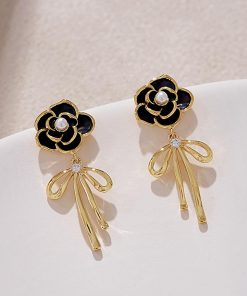 High-End Camellia Flower Stud Earrings with Golden Bow Tassel Drops, Slim Elegant Design, Fairy-Inspired Fashion Jewelry