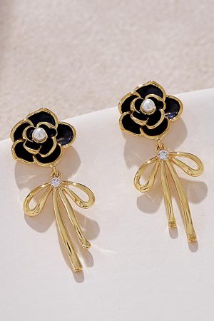 High-End Camellia Flower Stud Earrings with Golden Bow Tassel Drops, Slim Elegant Design, Fairy-Inspired Fashion Jewelry