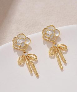 High-End Camellia Flower Stud Earrings with Golden Bow Tassel Drops, Slim Elegant Design, Fairy-Inspired Fashion Jewelry