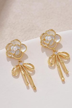 High-End Camellia Flower Stud Earrings with Golden Bow Tassel Drops, Slim Elegant Design, Fairy-Inspired Fashion Jewelry