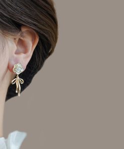 High-End Camellia Flower Stud Earrings with Golden Bow Tassel Drops, Slim Elegant Design, Fairy-Inspired Fashion Jewelry