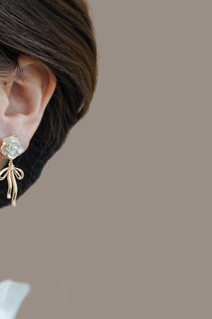 High-End Camellia Flower Stud Earrings with Golden Bow Tassel Drops, Slim Elegant Design, Fairy-Inspired Fashion Jewelry