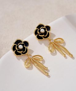 High-End Camellia Flower Stud Earrings with Golden Bow Tassel Drops, Slim Elegant Design, Fairy-Inspired Fashion Jewelry