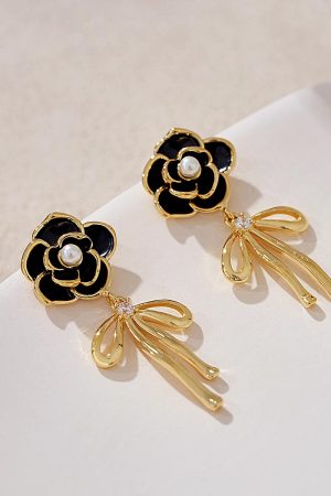 High-End Camellia Flower Stud Earrings with Golden Bow Tassel Drops, Slim Elegant Design, Fairy-Inspired Fashion Jewelry