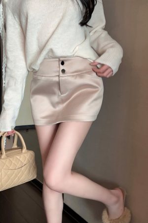 High-End Champagne Satin A-Line Mini Skirt for Autumn/Winter - Slimming High Waist Bodycon Style