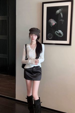 High-End Champagne Satin A-Line Mini Skirt for Autumn/Winter - Slimming High Waist Bodycon Style