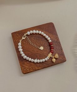 High-End Chinese Style Lotus Seed Pearl Bracelet with Red Agate & Fortune Beads - 2025 Two Worlds Joy Design