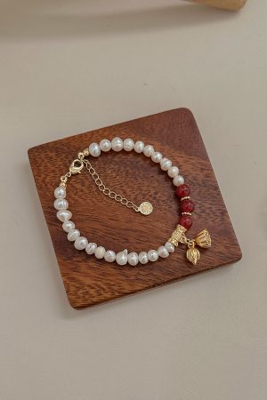 High-End Chinese Style Lotus Seed Pearl Bracelet with Red Agate & Fortune Beads - 2025 Two Worlds Joy Design