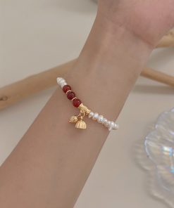 High-End Chinese Style Lotus Seed Pearl Bracelet with Red Agate & Fortune Beads - 2025 Two Worlds Joy Design