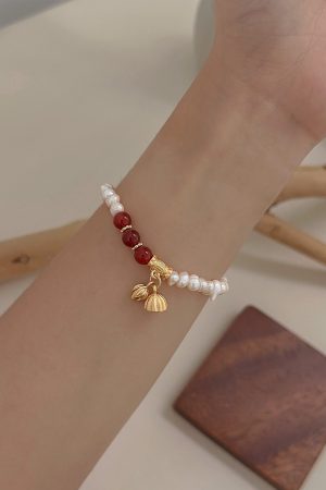 High-End Chinese Style Lotus Seed Pearl Bracelet with Red Agate & Fortune Beads - 2025 Two Worlds Joy Design