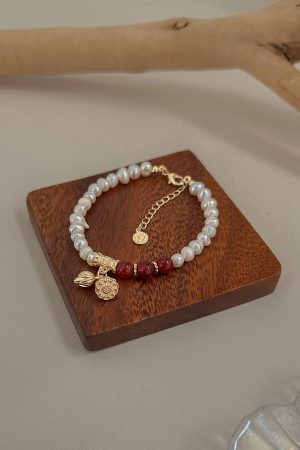 High-End Chinese Style Lotus Seed Pearl Bracelet with Red Agate & Fortune Beads - 2025 Two Worlds Joy Design