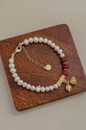 High-End Chinese Style Lotus Seed Pearl Bracelet with Red Agate & Fortune Beads - 2025 Two Worlds Joy Design