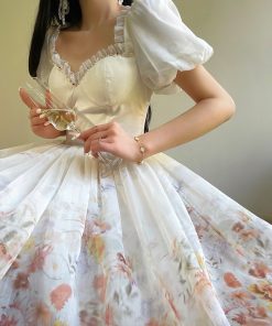 High-End Cloud Rainbow Floral Princess Dress with Waist-Cinching Slimming Short Skirt - Fairy Style for 90s and Y2K Fashion