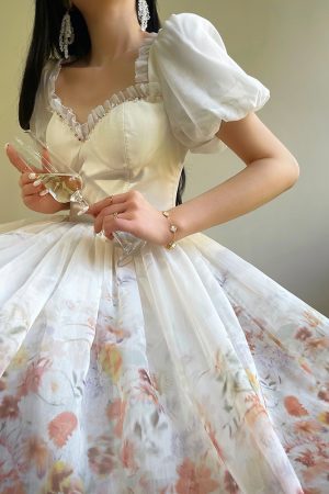 High-End Cloud Rainbow Floral Princess Dress with Waist-Cinching Slimming Short Skirt - Fairy Style for 90s and Y2K Fashion