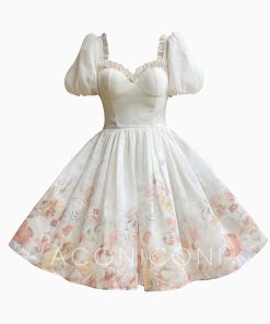 High-End Cloud Rainbow Floral Princess Dress with Waist-Cinching Slimming Short Skirt - Fairy Style for 90s and Y2K Fashion