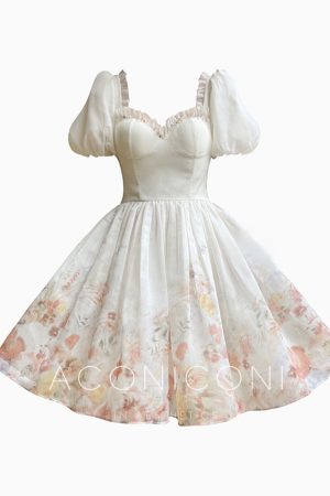 High-End Cloud Rainbow Floral Princess Dress with Waist-Cinching Slimming Short Skirt - Fairy Style for 90s and Y2K Fashion