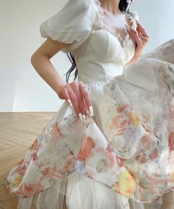 High-End Cloud Rainbow Floral Princess Dress with Waist-Cinching Slimming Short Skirt - Fairy Style for 90s and Y2K Fashion