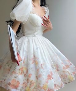 High-End Cloud Rainbow Floral Princess Dress with Waist-Cinching Slimming Short Skirt - Fairy Style for 90s and Y2K Fashion