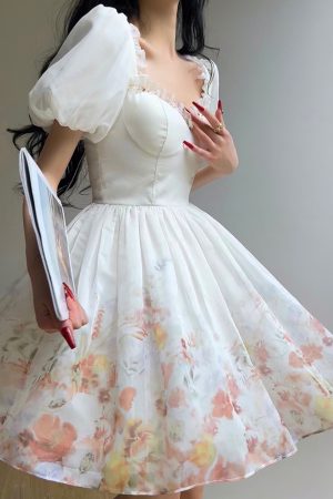 High-End Cloud Rainbow Floral Princess Dress with Waist-Cinching Slimming Short Skirt - Fairy Style for 90s and Y2K Fashion