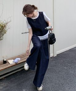 High-End College Style Denim Vest & Wide-Leg Pants 3-Piece Casual Suit for Women - Youthful OOTD Outfit