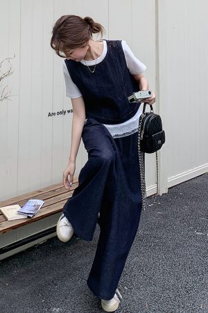 High-End College Style Denim Vest & Wide-Leg Pants 3-Piece Casual Suit for Women - Youthful OOTD Outfit