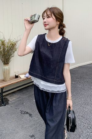 High-End College Style Denim Vest & Wide-Leg Pants 3-Piece Casual Suit for Women - Youthful OOTD Outfit