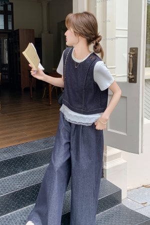 High-End College Style Denim Vest & Wide-Leg Pants 3-Piece Casual Suit for Women - Youthful OOTD Outfit