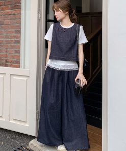 High-End College Style Denim Vest & Wide-Leg Pants 3-Piece Casual Suit for Women - Youthful OOTD Outfit