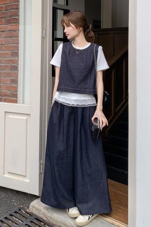 High-End College Style Denim Vest & Wide-Leg Pants 3-Piece Casual Suit for Women - Youthful OOTD Outfit