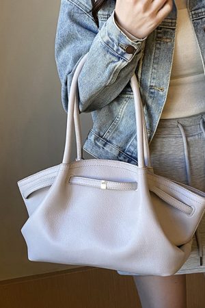 High-End Color-Blocking Tote Handbag for Women - 2025 Summer Lychee Texture Shoulder Bag in Korean Style for Commuting