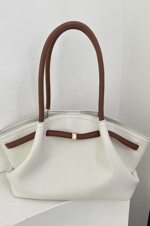 High-End Color-Blocking Tote Handbag for Women - 2025 Summer Lychee Texture Shoulder Bag in Korean Style for Commuting