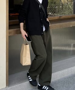 High-End Deep Green Retro Casual Pants for Men - Youthful Trendy Straight-Leg Distressed Long Trousers