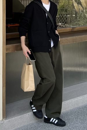 High-End Deep Green Retro Casual Pants for Men - Youthful Trendy Straight-Leg Distressed Long Trousers