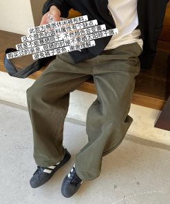 High-End Deep Green Retro Casual Pants for Men - Youthful Trendy Straight-Leg Distressed Long Trousers