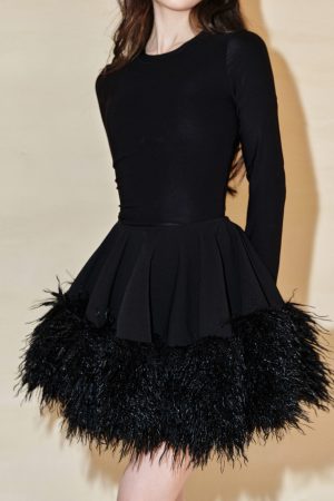 High-End Design Patchwork Feather Midi Skirt - Elegant Slimming Puff Skirt for 90s Inspired Fashion