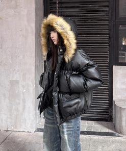 High-End Detachable Fur Collar Cotton Coat for Women - Thickened Hooded Winter Puffer Jacket, Couples PU Leather Cotton Style