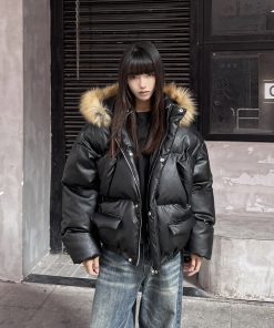 High-End Detachable Fur Collar Cotton Coat for Women - Thickened Hooded Winter Puffer Jacket, Couples PU Leather Cotton Style