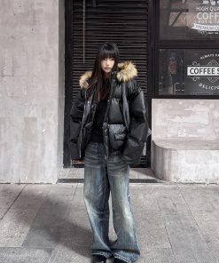 High-End Detachable Fur Collar Cotton Coat for Women - Thickened Hooded Winter Puffer Jacket, Couples PU Leather Cotton Style