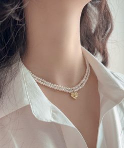 High-End Double-Layer Pearl Necklace with Heart Pendant - Exquisite French Style Clavicle Chain for Elegant Fashion