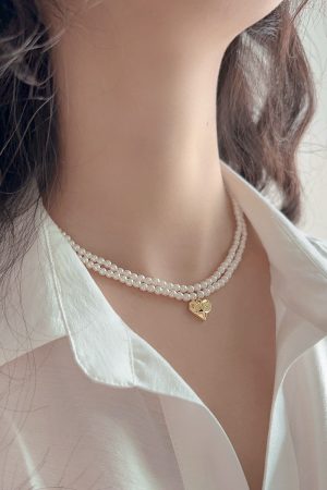 High-End Double-Layer Pearl Necklace with Heart Pendant - Exquisite French Style Clavicle Chain for Elegant Fashion