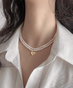 High-End Double-Layer Pearl Necklace with Heart Pendant - Exquisite French Style Clavicle Chain for Elegant Fashion