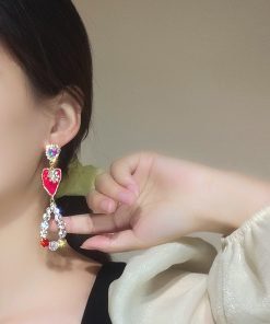 High-End Dripping Oil Red Heart Tassel Long Earrings - Asymmetrical Light Luxury Accessories for Women