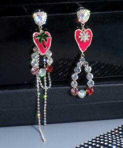 High-End Dripping Oil Red Heart Tassel Long Earrings - Asymmetrical Light Luxury Accessories for Women