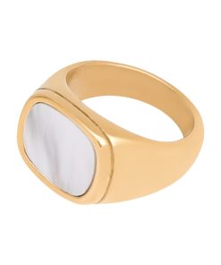 High-End Floating French White Shell Square Ring for Women, European American Gold Wide Band, Versatile Fashion Accessory