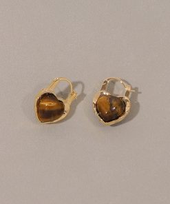 High-End Floating Heart Tiger Eye Stone Earrings - Unique Niche Design Ear Clips for Autumn Winter Fashion