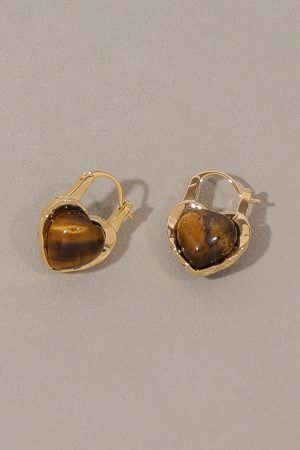 High-End Floating Heart Tiger Eye Stone Earrings - Unique Niche Design Ear Clips for Autumn Winter Fashion