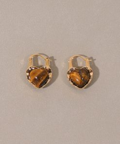 High-End Floating Heart Tiger Eye Stone Earrings - Unique Niche Design Ear Clips for Autumn Winter Fashion